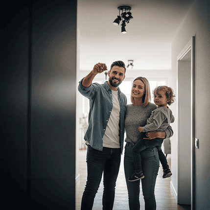 Mietwohnung-gefunden-Family GlĂŒckliche Familie, die Ihre Mietwohnung bekommen hat